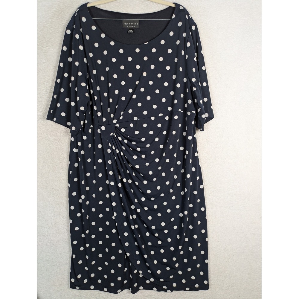 Connected Woman Dress Women's 24W Navy Polka Dot Side Drape Faux Wrap Sheath